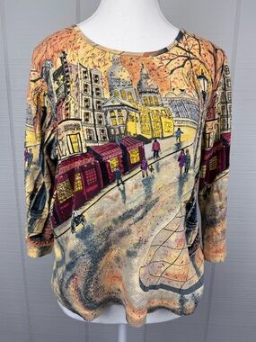 Take Two Clothing Co 3/4 Top Autumn Cityscape Scenic Print Parisian French